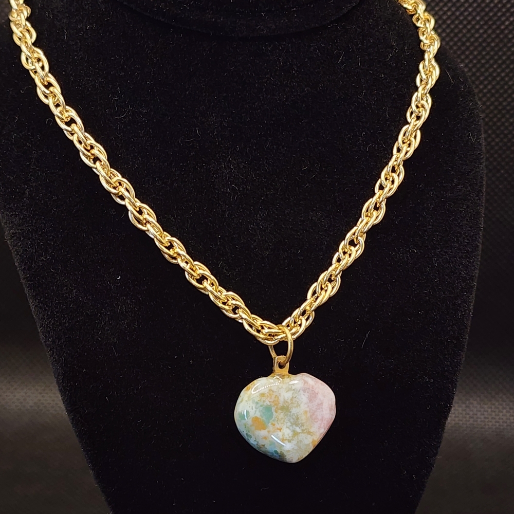 Vintage 18k Gold Plate Necklace 20" With Hand Carved Heart Stone